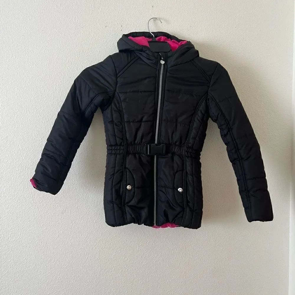 R 88 by S. Rothschild Black and Pink Belted Hooded Full Zip Puffer Coat 10-12